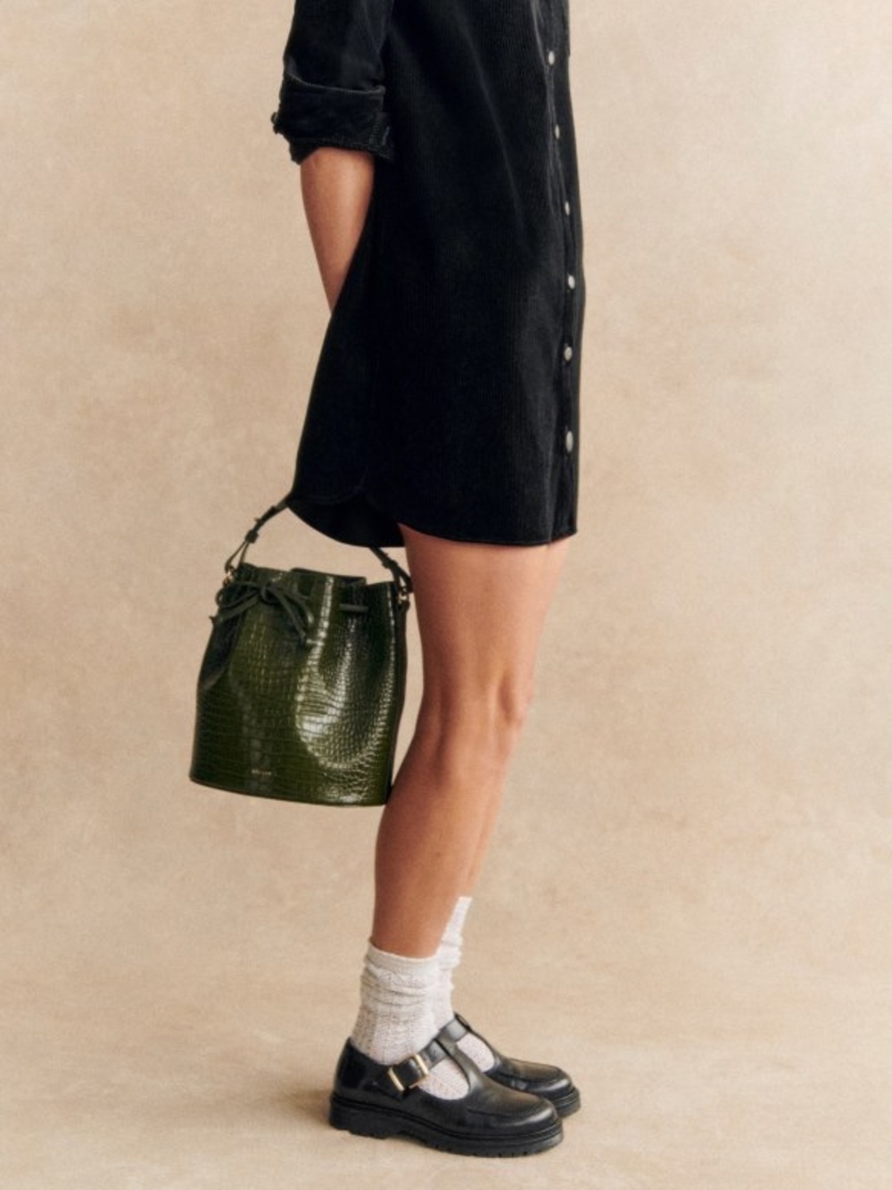 SEZANE Black Velvet Corduroy Button Down Long Sleeve Mini Sadie Shirt Dress - Picture 5 of 14